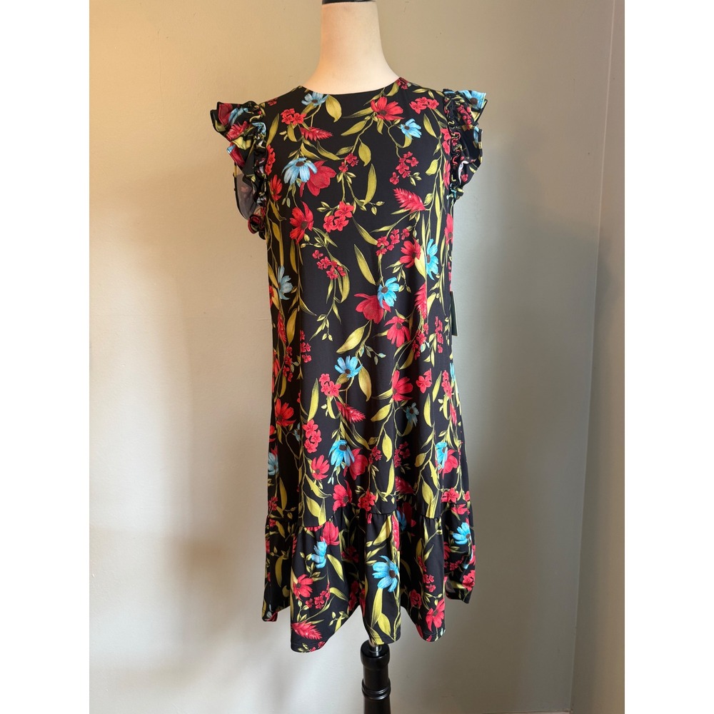 CeCe Floral Ruffle Shift Dress Black Multi M NWT dainty resort colorful boho tro